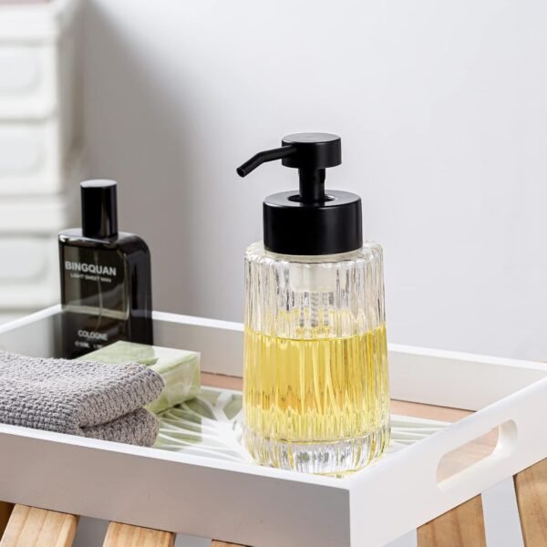 Easy Tang Glass Foaming Soap Dispenser with Black Pump, 12 OZ Vintage-Inspired Modern Glass Refillable Bottle for Bathroom Vanity Countertop and Kitchen - Image 5