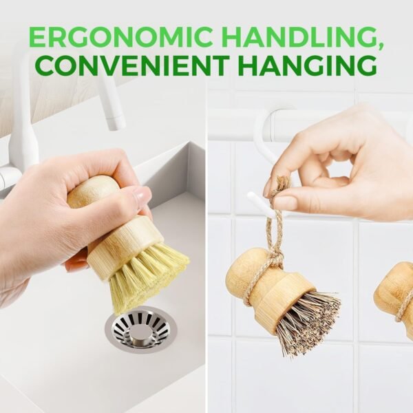 Bamboo Dish Brush Set of 3, 100% Plant-Based Kitchen Dish Brush Bamboo with Sisal and Coconut Bristles, 2 Brush Types, No Scratch Wood Sish Scrub Brush for Dishes, Quick-Drying, Odor Free - Image 6