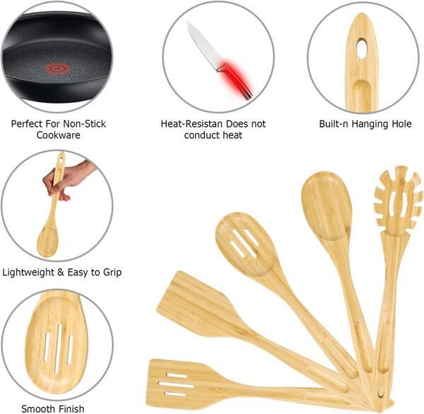 Kitchen Utensils Set - 6 Piece -wooden Spoons -Cooking Spoon Set -Wooden utensils set .Cutlery Set Made of Natural Bamboo -Cooking Utensils Wooden Spatula Comfortable Handle Wooden Kitchen Utensils - Image 4