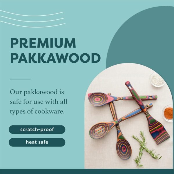 Exotic Pakkawood 6-Piece Kitchen Utensil Set with 12-in Spoon, 12-in Slotted Spoon, 12-in Spatula, 12-in Corner Spoon, 13-in Large Spurtle, Double Measuring Spoon - by Crate Collective (Rainbow) - Image 5