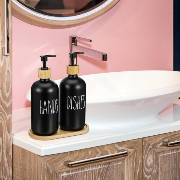 Black Soap Dispenser Set, Contains Dish Soap Dispenser and Hand Soap Dispenser. Glass Soap Dispenser with Stainless Steel Pump, Perfect for Kitchen Decor and Accessories - Black - Image 5