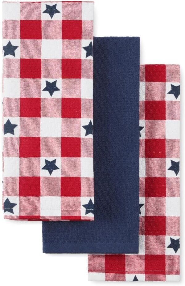 Martha Stewart Americana Star Gihgham Holiday Kitchen Towels 3-Pack Set, 100% Cotton, Absorbent, Patriotic USA America Decor, Red/White/Blue, 16"x28"