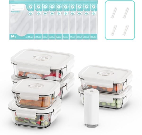 Vacuum Seal Glass Food Storage Containers with Sous Vide Bags, Meal Prep Container with Airtight Locking Lids for Lunch, BPA Free, Leak Proof, Long-Lasting Freshness-Rectangle/Square set