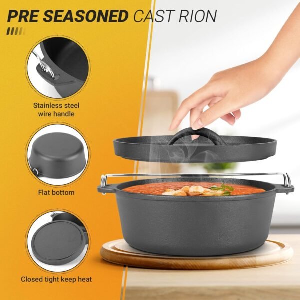 Cast Iron Dutch Oven Pot with Lid, for Small Dishes, Side Dishes, Camping Cookware set, BBQ, Garlic Roaster, 1.5 Quart Pan - Image 3