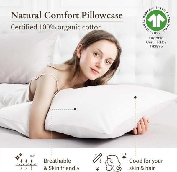 Warmstar 100% Organic Cotton White Pillow Cases Set of 2, Pillow Cases King Size Satin Weave Soft Hypoallergenic GOTS Certified Pillowcases Breathable Envelope Pillowcass,20x36 Inches - Image 2