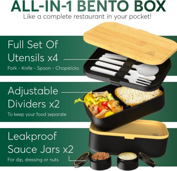 Umami Bento Box Adult All-In-1 XXL w/ 4 Utensils, 100% Leakproof, Microwave & Dishwasher Safe Lunch Containers for Adults, 4 Compartments, Bento Lunch Box Containers w/Premium Real Bamboo Lid - Image 3
