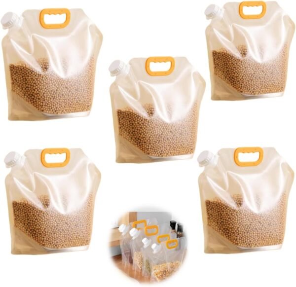 5pcsFood Storage Bags, Grain Moisture-proof Sealed Bag,Stand Up Food Bags Large Reusable Sealed Bag with Handle and Cap BPA Free