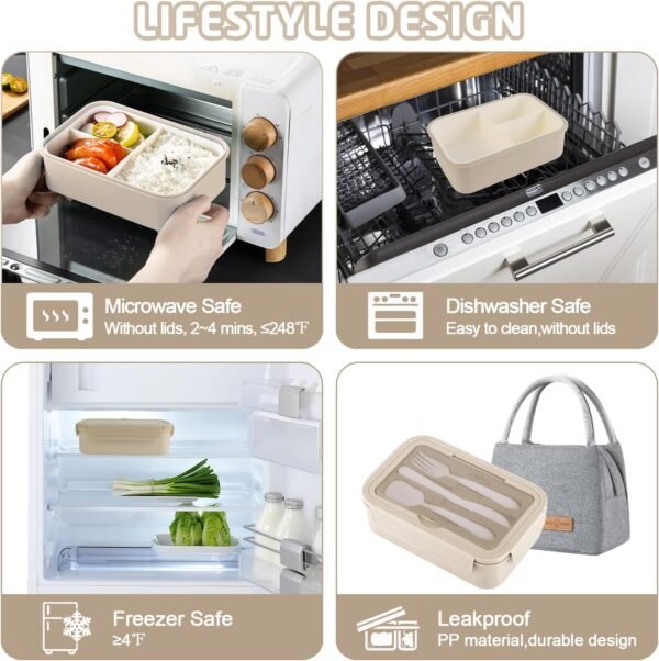 Bento Lunch Box for Kids, Bento Box Adults Lunch Box Leak-proof for Kids Toddler Teens School, Lunch Box Containers Durable with Lunch Bag, Cup, Spoon, Forks, Dishcloth（Khaki Set） - Image 5