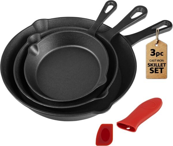 Cast Iron Skillet 3-Piece Set - Professional Pre-Seasoned Heavy-Duty Pan Cookware - 10 Inch, 8 Inch, 6 Inch Pans with Scraper & Handle Sleeve for Frying, Sautéing, Cooking, Baking