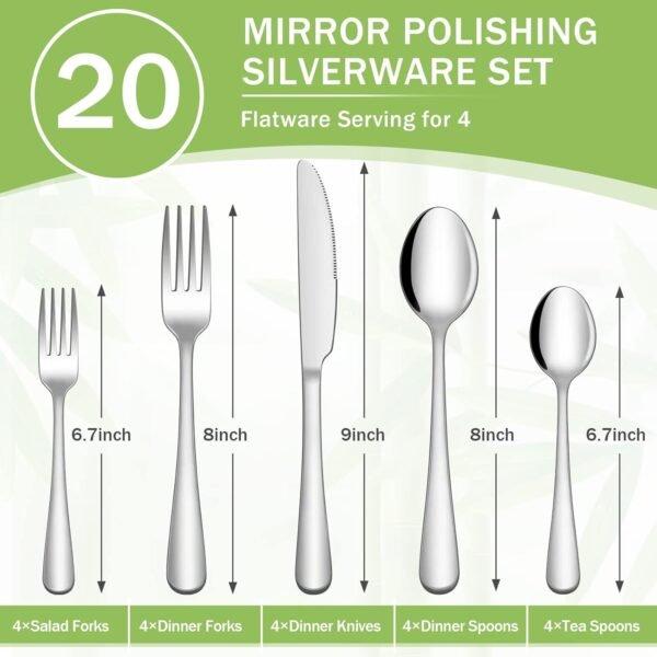 20 Pcs Silverware Set with Organizer, 18/8 Stainless Steel Cutlery Set with Utensils Bamboo Tray for Kitchen Drawer, Serving Flatware for 4 with Storage Holder - Image 2