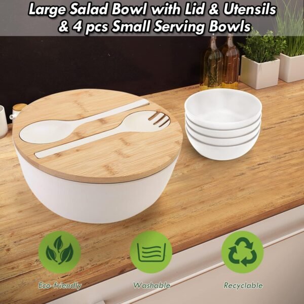 ShineMe Salad Bowl Set, 9.8inches Large Salad Bowl with Lid, Bamboo Salad Serving Bowl with 4pack Small Serving Bowls and Servers(Fork & Spoon) for Mixing Salad, Vegetables and Pasta(White) - Image 2