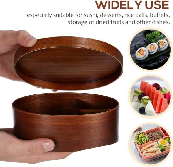 PRETYZOOM Wood Lunch Box, Japanese Bento Lunch Box with 3 Divider, Oval Shape Food Container Box for Sushi, Picnic, Lunch (800ml) - Image 5