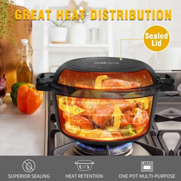2-in-1 Dutch Oven Cast Iron Dutch Oven pot with Lid,Cast Iron Pots and Pans Set,5.5 Quart Cast Iron Pot,Pre-Seasoned Dutch Oven with Pans Set,All-in-One Cookware Set for camping lodge or RV - Image 7