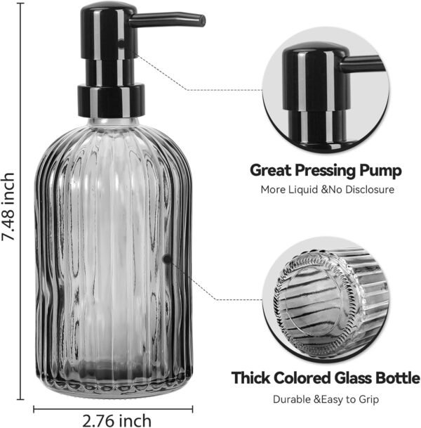 3 Pack Glass Soap Dispenser with Rust Proof Pump,15 Oz Hand Soap Dispenser with Vertical Stripe, Refillable Liquid Soap Dispenser for Bathroom,Kitchen,Lotion (Grey) - Image 2