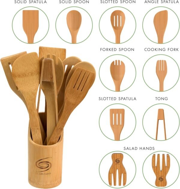 Bamboo Cooking Utensils - 11-Piece Wooden Kitchen Utensil Set W/A Bamboo Utensil Holder - Non Toxic and Eco Friendly Wooden Spoons for Cooking W/Wooden Tongs & Slotted Spatula - Image 2
