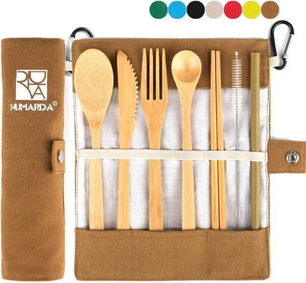 Bamboo Utensils, Eco Friendly Flatware Set, Bamboo Cutlery Set, Bamboo Travel Utensils, Camping Utensils Set, Portable Utensils Set, Knife, Fork, Spoon, Reusable Straws Chopsticks, 7 Pieces,7.9 inch