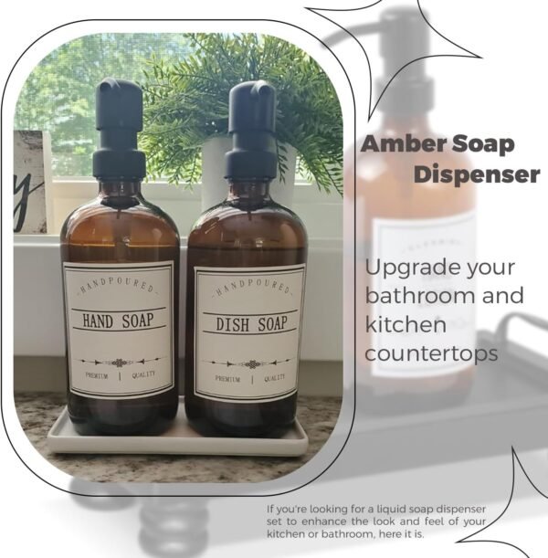 Amber Glass Soap Dispenser, 16oz Hand Soap Dispenser for Bathroom/Kitchen Countertop, 2 Pack - Image 5