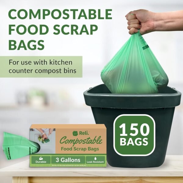 Reli. Compost Bags 3 Gallon (150 Count) | ASTM D6400 | Compostable Trash Bags for Food Scraps | Small Compost Bags for Kitchen Compost Bin/Countertop Bin | Green, Eco Bags for Food Waste, 3 Gal - Image 2