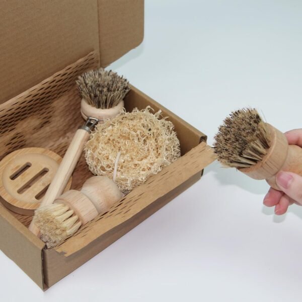 Dish Brush Set with Wooden Handle | Nautral & Bamboo Fibers Plastic Free | Pot Brush Scourer Scrubber ~ 5 Pcs Kitchen Dish Cleaning Tools - Makes Dish Cleaning Easy - Image 8