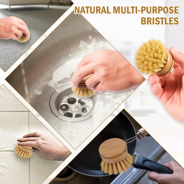 Bamboo Dish Brush,6 Replacement Heads,Natural Washing Up Brushes Heads,Soft Sisal Bristle Dish Scrubber, Dish Scrub Brush Replacement Brush Refill,Palm Brush for Kitchen Cleaning Pots Pans - Image 6