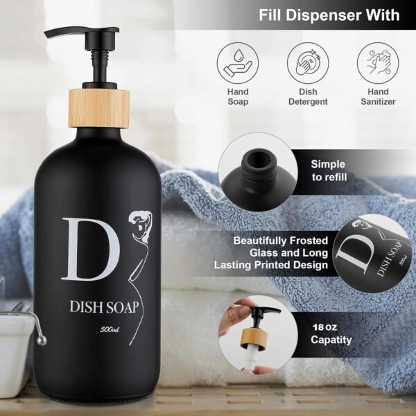 2Pack Glass Hand Soap Dispenser with Bamboo Pump, Refillable Soap Dispenser, Premium Soap Dispenser for Kitchen and Bathroom (Black, 18oz*2). - Image 5