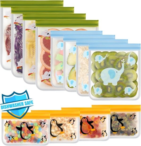 Dishwasher Safe 12 Packs Reusable Freezer bags Storage Vegetable Bags -BPA Free Leakproof Food Storage Bags Reusable Silicone for Marinate Meats, Cereal, Vegetables, Home bags