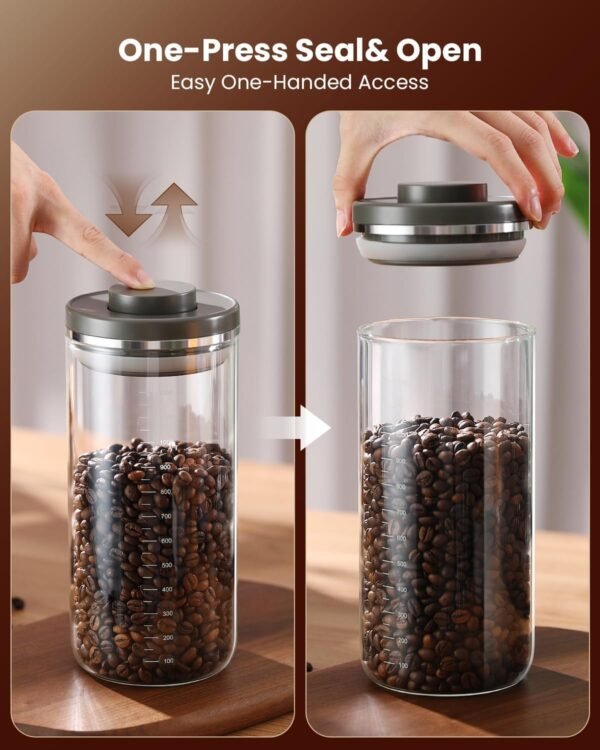 One-Press Button Coffee Canister with Airtight Lid, Borosilicate Glass Coffee Container with PP Silicone Lid, Food Storage Container for Grounds Coffee, 1lb Beans, Flour, Cereal, Sugar - Image 2