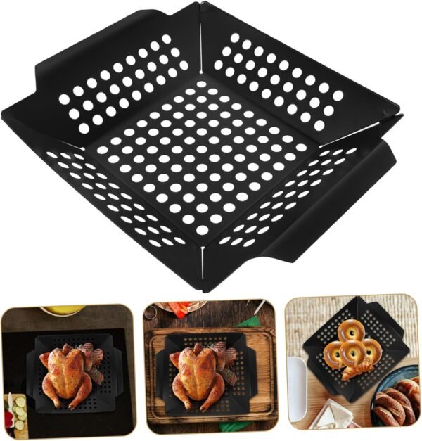Toddmomy Barbecue Tool Roasting Pan Grill Tools Roaster Pan Grilling Platter BBQ Grill Baskets Camping Cookware Grilling Basket for Outdoor Grill Tray Iron Spray Non-Stick Paint Black - Image 8
