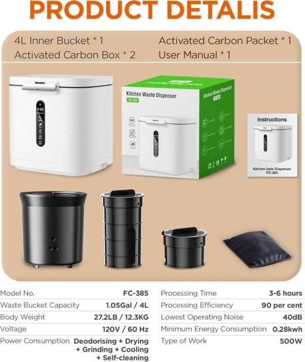 Electric Composter for Kitchen, 4L Compost Bin, Odorless Indoor Composter，Efficient with Zero Odor Carbon Filter, Kitchen Composter，Turns Waste Into Dry Fertilizer, Easy to Use Compost Bin. - Image 8