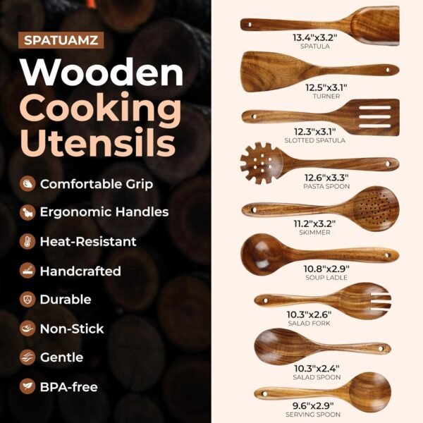 Natural Teak Wood Kitchen Utensil Set, Set of 9 Wooden Spoons for Cooking, Great Gift Cooking Spoons for Kitchen Essential Tools - Image 3