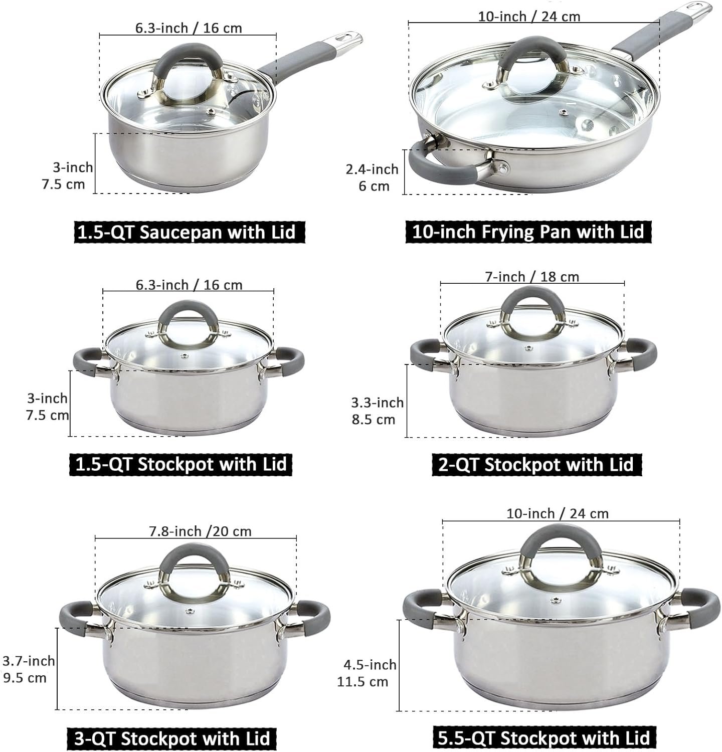 Cook N Home Cookware Basic Pots and Pans, 12 Piece set, Stainless Steel Grey Silicone Handle - Image 2