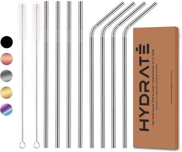 HYDRATE Stainless Steel Straws - Reusable, Eco Friendly - BPA Free Metal Straw - Many Colour Options (8 Pack, Silver) , reusable straws with case