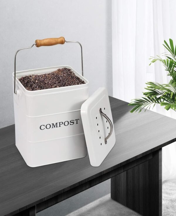 Stainless Steel Compost Bin for Kitchen Countertop,1 Gallon, Includes Charcoal Filter,Compost Bucket Kitchen Pail Compost with Lid -White - Image 4