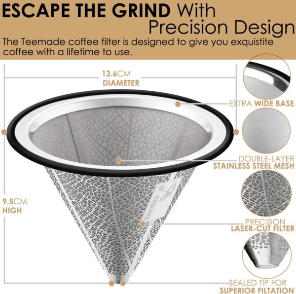 Pour Over Coffee Filter,Reusable 304 Stainless Steel Coffee Dripper,Wide Metal Base Perfect for Chemex Hario V60 Bodum & Other Coffee Makers Paperless Coffee Filter for Sustainable Brewing By TEEMADE - Image 3