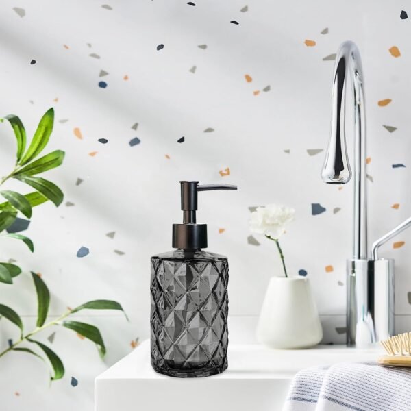 12 Oz Black Clear Diamond Glass Soap Dispenser with Plastic Pump, Small Liquid Hand Refillable Bathroom Dish Lotion Soap Bottle Set, for Bathroom, Kitchen, with Funnel & Blank Wooden Tag - Image 4