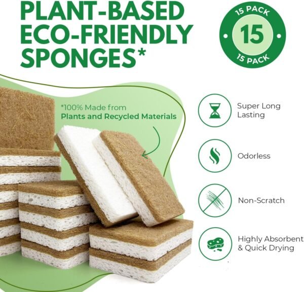 Natural Kitchen Sponges Pack of 15 - Biodegradable Cellulose and Coconut Husk Walnut Scrubber Sponges - Odor Free Non Scratch Sponges - Eco Friendly Quick Drying Dishwashing Sponges - Image 2