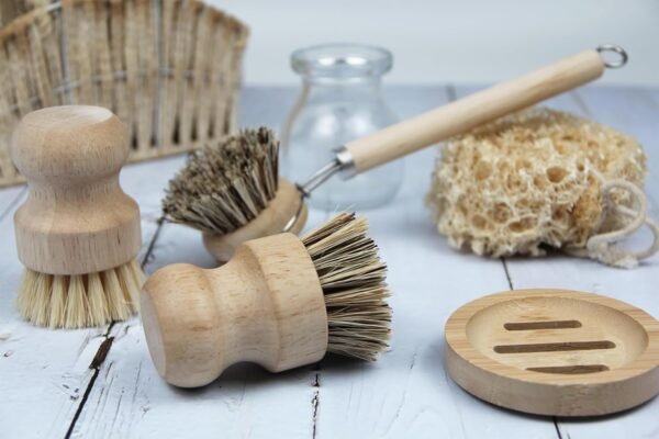 Dish Brush Set with Wooden Handle | Nautral & Bamboo Fibers Plastic Free | Pot Brush Scourer Scrubber ~ 5 Pcs Kitchen Dish Cleaning Tools - Makes Dish Cleaning Easy - Image 5