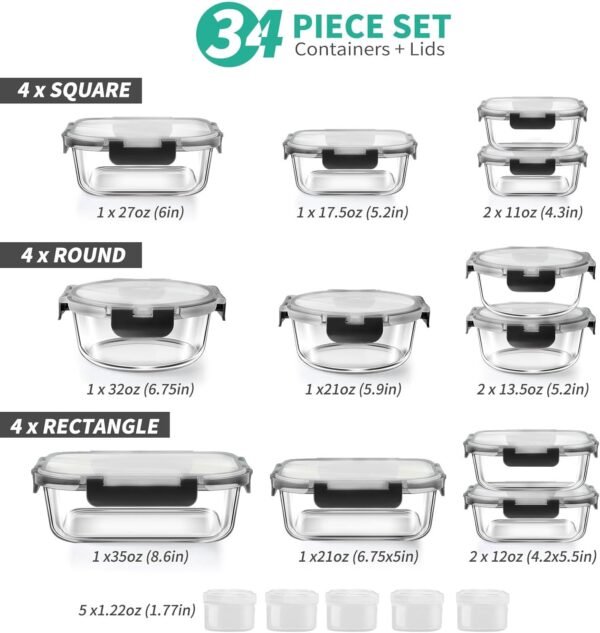 34pcs Glass Food Storage Containers with Lids Set, Airtight Glass Meal Prep Containers (17 Containers & 17 Lids), Leak Proof Lunch Containers BPA-Free, Microwave, Oven, Freezer, Dishwasher Safe-Black - Image 2