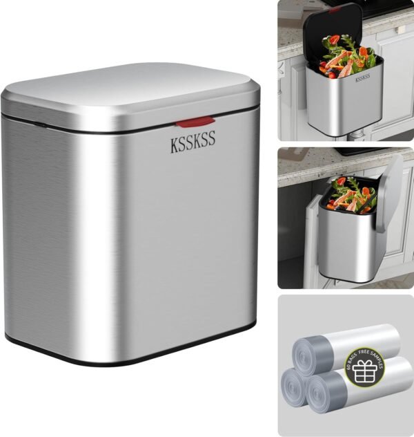 1.05 Gallon Kitchen Compost Bin for Counter Top or Under Sink, Inner Bucket,Stainless Steel Hanging Small Trash Can with Lid for Kitchen/Cupboard/RV (Silver)