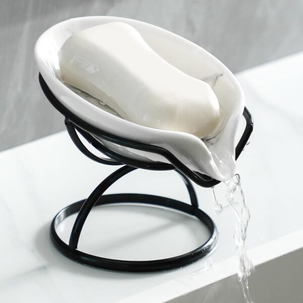 Leaf-Shaped Soap Dish – Ceramic Soap Bar Holder with Self-Drainage System – Bar Soap Holder for Shower, Bathroom Sink, Kitchen – Soap Dish with Stainless Steel Stand (White-Black-2 Pack) - Image 7