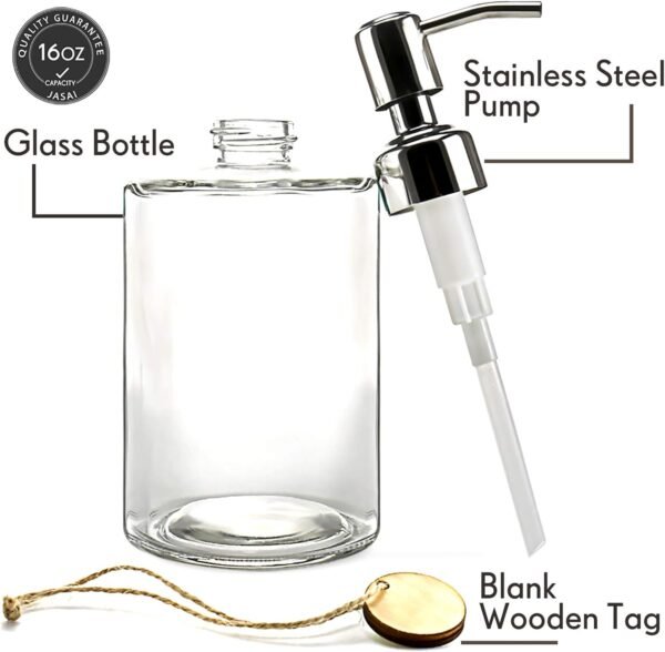 JASAI 16OZ Cylinder Glass Soap Dispenser with Rust Proof Stainless Steel Pump, Refillable Bathroom Soap Dispenser for Hand Soap, Dish Soap, Liquid Soaps and Kitchen (Clear) - Image 4