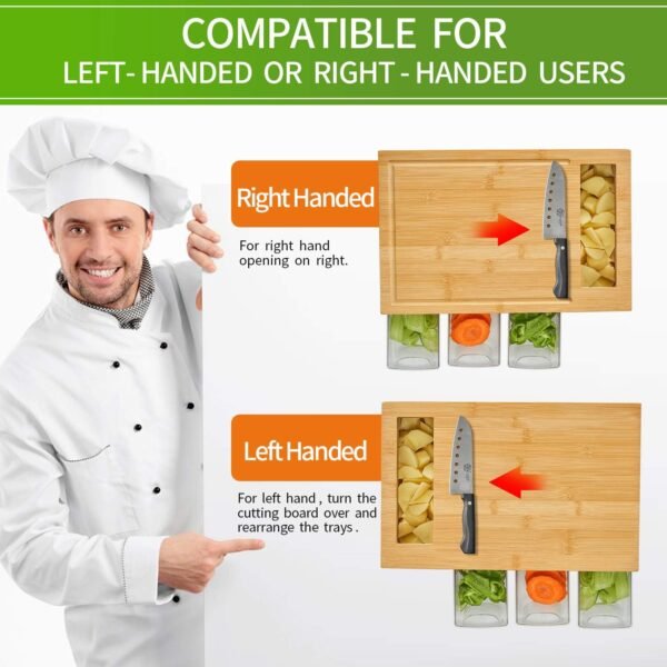 Bamboo Cutting Board with 4 Containers, Large Chopping Board with Juice Grooves, Easy-grip Handles & Food Sliding Opening, Carving Board with Trays for Food Storage, Transport and Cleanup - Image 6