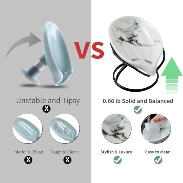 Leaf-Shaped Soap Dish – Ceramic Soap Bar Holder with Self-Drainage System – Bar Soap Holder for Shower, Bathroom Sink, Kitchen – Soap Dish with Stainless Steel Stand (White-Black-2 Pack) - Image 2