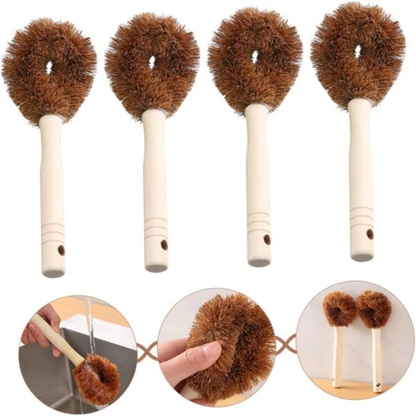 4pcs Cleaning Brush Palm Dish Brush Coir Dish Brush Car Windshield Cleaner Natural Kitchen Brush Kitchen Sink Brush Handheld Scrubber Brush for Pot Sink Cleaner Rubber Wood - Image 4
