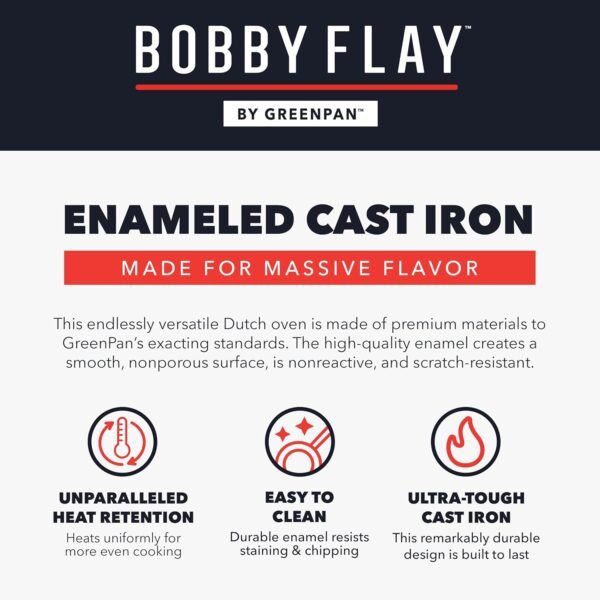 GreenPan x Bobby Flay 5.5QT Enameled Cast Iron Round Dutch Oven with Lid, Dual Handles, Oven Safe to 500F & Induction Suitable, Self Basting Lid, Ultra-Durable, Sear, Braising, Bread, Stews, Cobalt - Image 7