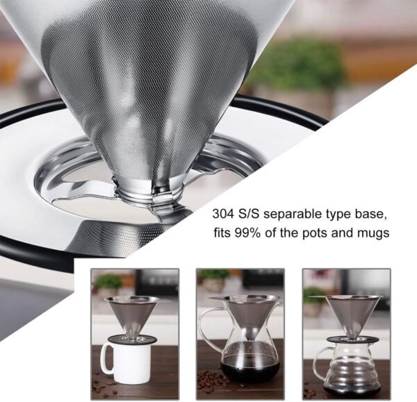 LHS Pour Over Coffee Dripper Stainless Steel Coffee Filter Metal Cone Filter Paperless Reusable Coffee Filter Single Cup Coffee Maker 1-2 Cup With Non-slip Cup Stand and Cleaning Brush - Image 6
