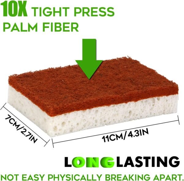 Natural Plant Based Scrub Sponge 12 Pack, Palm Fiber Scrubbing Sponge with Non Scratch Biodegradable Compostable Sponges,Long Lasting No Smell Dishwashing Kitchen Scrubber - Image 3