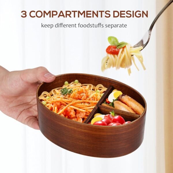 PRETYZOOM Wood Lunch Box, Japanese Bento Lunch Box with 3 Divider, Oval Shape Food Container Box for Sushi, Picnic, Lunch (800ml) - Image 3