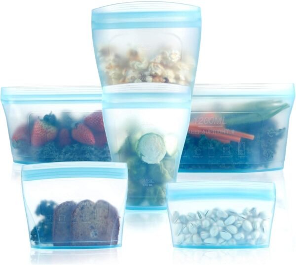 Reusable food container silicone bag, Upgrade second generation 6 Pcs Containers Storage, 100% Silicone Food Bag, Stand Up Preservation Rounded interior for easy cleaning.
