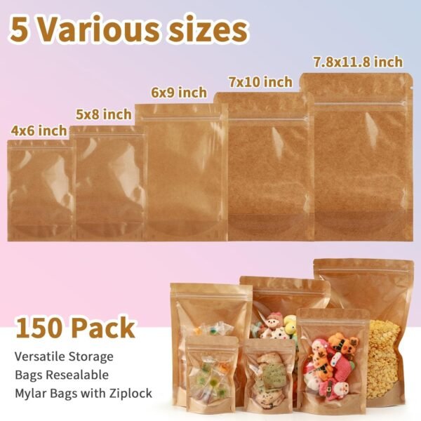 150-Pack Kraft Bags with Window 8 x 12" Reclosable Large Stand Up Mylar Bags for Food Storage Resealable Smell Proof Zip Lock Pouch, Edible Packaging, Reusable bags for Small Business - Image 4